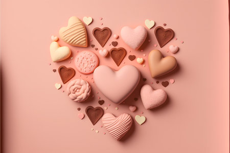 Heart shaped candies on pink background, top view. Valentine's day conceptの写真素材