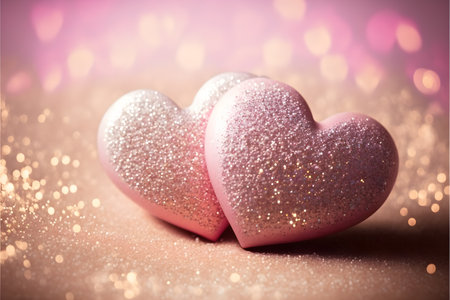 Valentines day background with two pink hearts on bokeh lightsの写真素材