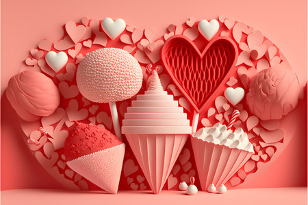 Valentine's Day background with cupcake and hearts. 3d renderingの写真素材