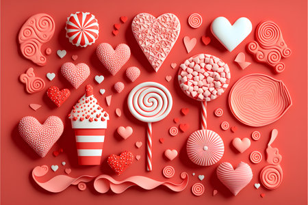 Valentine's day background with candies, lollipops and heartsの写真素材