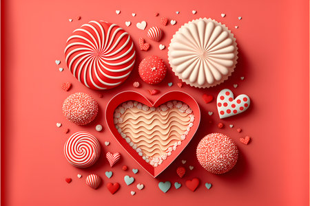 Valentine's Day background with red heart and sweets. 3d illustrationの写真素材
