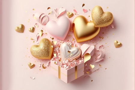 Valentine's day background with 3d hearts and gift boxの写真素材