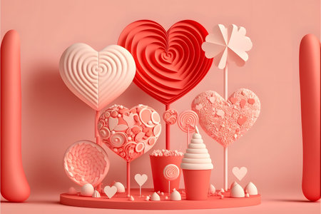3d render of valentine day background with hearts, sweets and lollipops