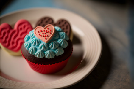 Delicious cupcakes with heart-shaped fondant on top.の写真素材
