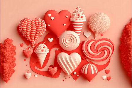 Valentines Day background with hearts and sweets. 3d illustrationの写真素材