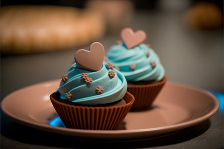Cupcakes decorated with blue cream and hearts on a plate.の写真素材