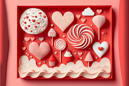 Valentine's Day background with hearts and sweets. 3d renderingの写真素材