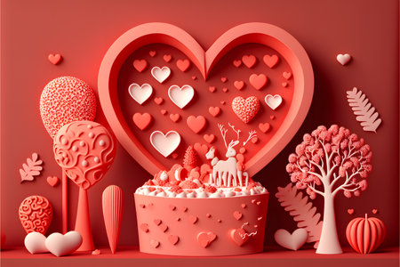 Valentine's Day background with red heart, tree, cake and decorations. 3D renderingの写真素材