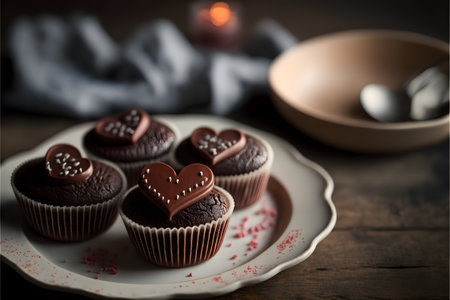 Chocolate muffins with hearts on a wooden table. Selective focus.の写真素材