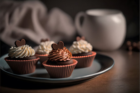 Chocolate cupcakes on a plate with a cup of coffee.の写真素材