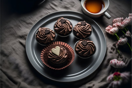 Chocolate cupcakes on a plate with a cup of tea.の写真素材