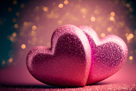 Valentine's day background with two hearts on bokeh backgroundの写真素材