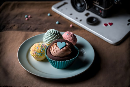 colorful cupcake on a plate with a camera in the backgroundの写真素材
