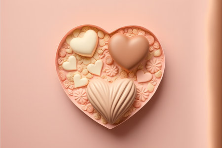 Heart shaped chocolate candies on pink background, top view, copy spaceの写真素材