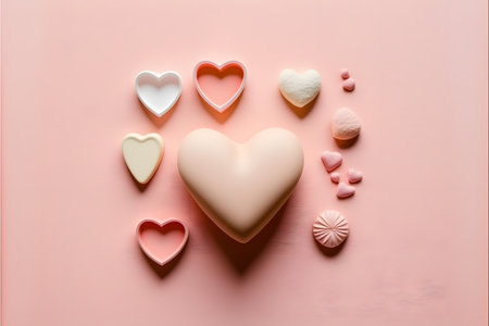 Valentine's Day background. Heart shaped candies on pink backgroundの写真素材