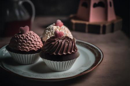Chocolate cupcakes with whipped cream and raspberry on a white plateの写真素材
