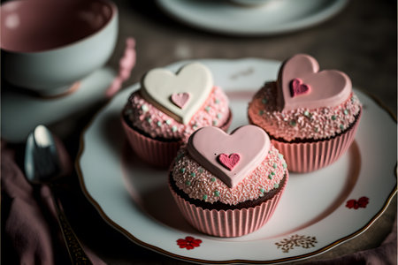 Cupcakes decorated with pink icing and hearts on a plate.の写真素材