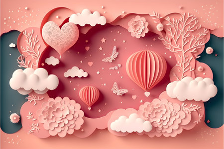 Paper art valentine's day background with flying hot air balloons and flowers. Paper art style. Vector illustration.の写真素材