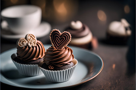 Chocolate cupcakes with heart shape on top and cup of coffeeの写真素材