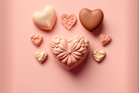 Heart shaped chocolate candies on pink background. Flat lay, top viewの写真素材