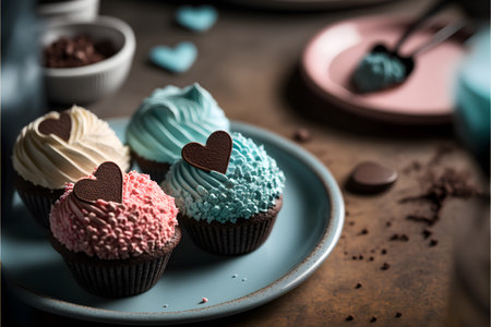 Cupcakes decorated with hearts on a blue plate on a wooden backgroundの写真素材