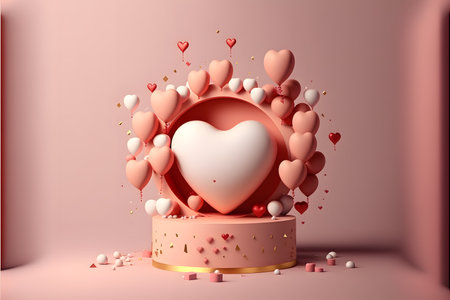 Valentine's day background with hearts and podium. 3d renderingの写真素材