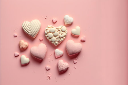Heart shaped candies on pink background, top view. Valentine's day conceptの写真素材