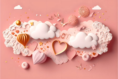 3d illustration of Valentine's Day background with paper art hearts, clouds and other elementsの写真素材