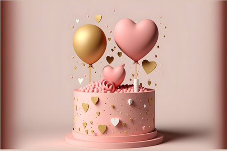 Valentine's day background with pink cake and balloons. Vector illustration.の写真素材