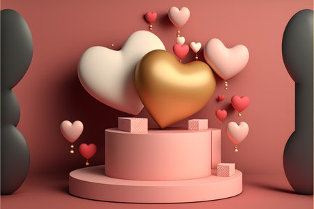 Valentine's day background with red hearts on podium. 3d renderingの写真素材