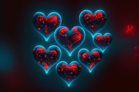 Neon hearts on a black background. Valentine's Day. Vector illustration.の写真素材