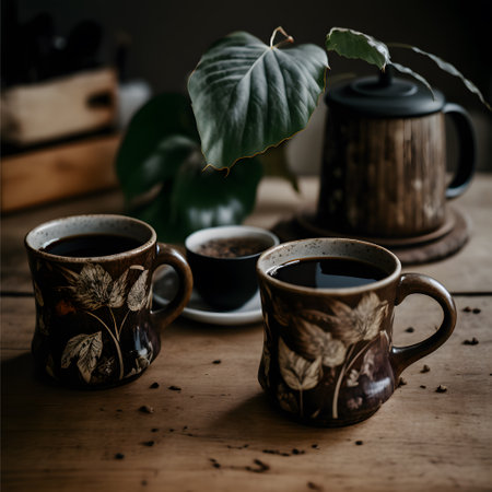 Two cups of coffee on a wooden table with a plant in the backgroundの写真素材