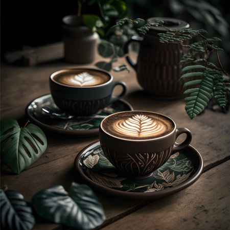 Coffee cup on wooden table in coffee shop, stock photoの写真素材