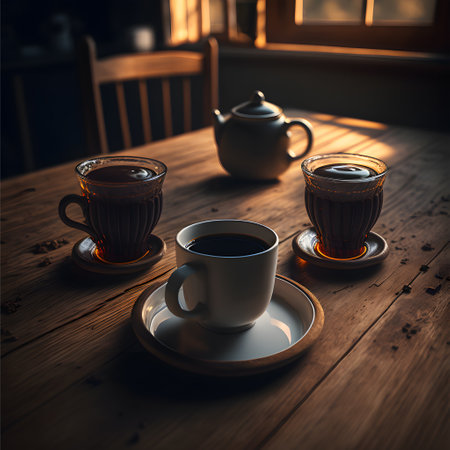 Cup of coffee on a wooden table in the morning light.の写真素材
