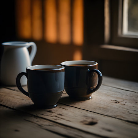 Two cups of coffee on a wooden table in front of a windowの写真素材