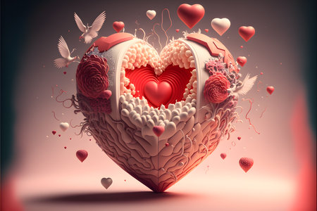Valentine's day background with heart and flowers, 3D renderingの写真素材