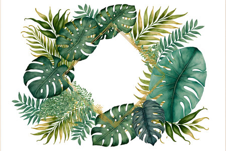 Watercolor tropical wreath with monstera and fern leaves. Hand painted illustration.の写真素材