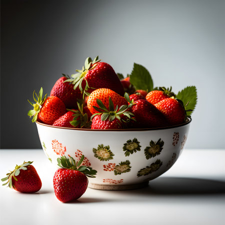 Strawberries in a bowl on a white table. Selective focus.の写真素材