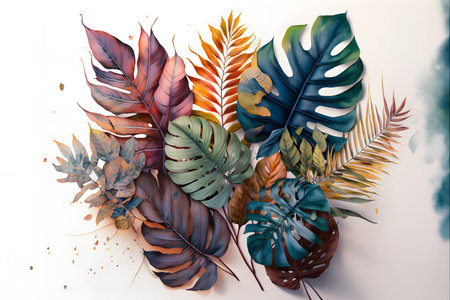 Tropical leaves painted in watercolor on a white background.の写真素材