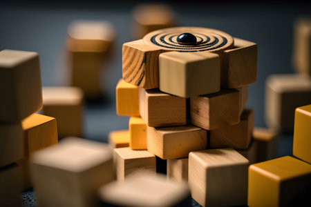 Wooden toy blocks on a dark background. Selective focus. Toned.
