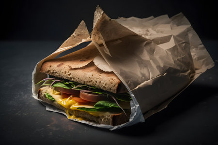 Sandwich with ham, cheese and vegetables in paper bag on black backgroundの写真素材