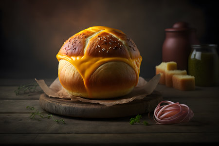 Bread with butter and vegetables on wooden background. Toned.の写真素材