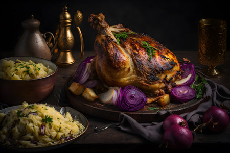 Baked turkey with potatoes and onion on a wooden table. Dark background.の写真素材