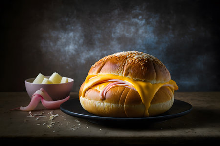 Hamburger with cheese and ham on black plate over dark backgroundの写真素材