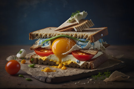Sandwich with egg and vegetables on wooden background. Toned.の写真素材