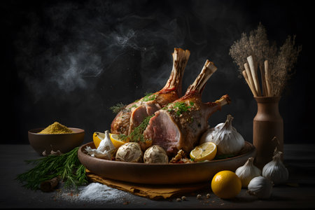 roasted lamb leg with vegetables and spices on a dark background.の写真素材