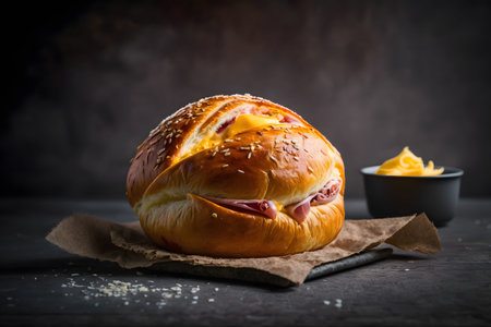 Bun with ham, cheese and sesame seeds on dark background