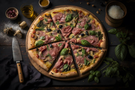 Pizza with prosciutto, olives and basil on dark backgroundの写真素材