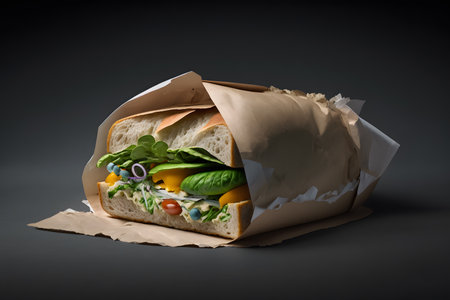 Healthy sandwich with vegetables in paper bag isolated on black background.の写真素材