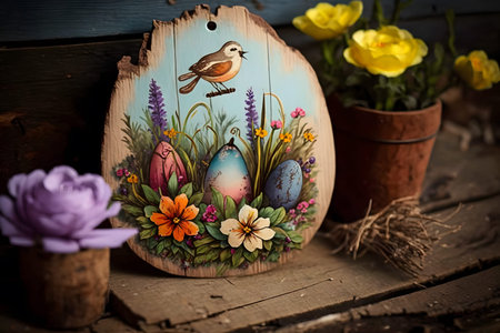 Easter decoration with eggs, bird and flowers on rustic wooden background